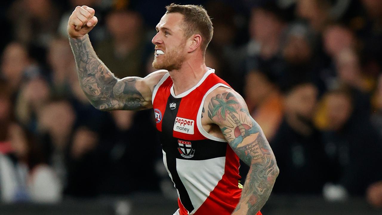 Tim Membrey celebrates a goal as St Kilda gained the ascendancy late in the contest.