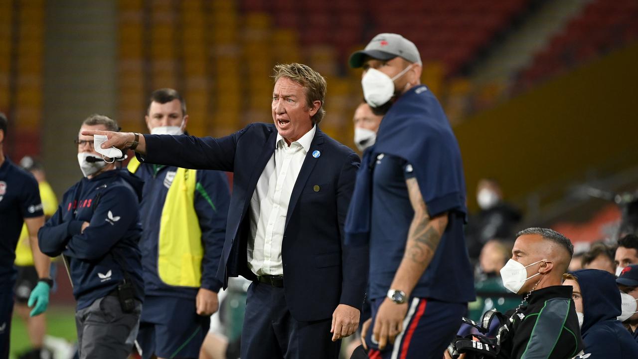 Trent Robinson and Jared Waerea-Hargreaves on the sideline after the insident. Picture: NRL Photos