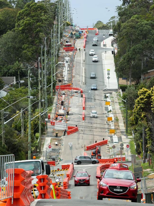 Some of the ongoing roadworks and traffic congestion in Frenchs Forest. Picture: AAP Image/Julian Andrews