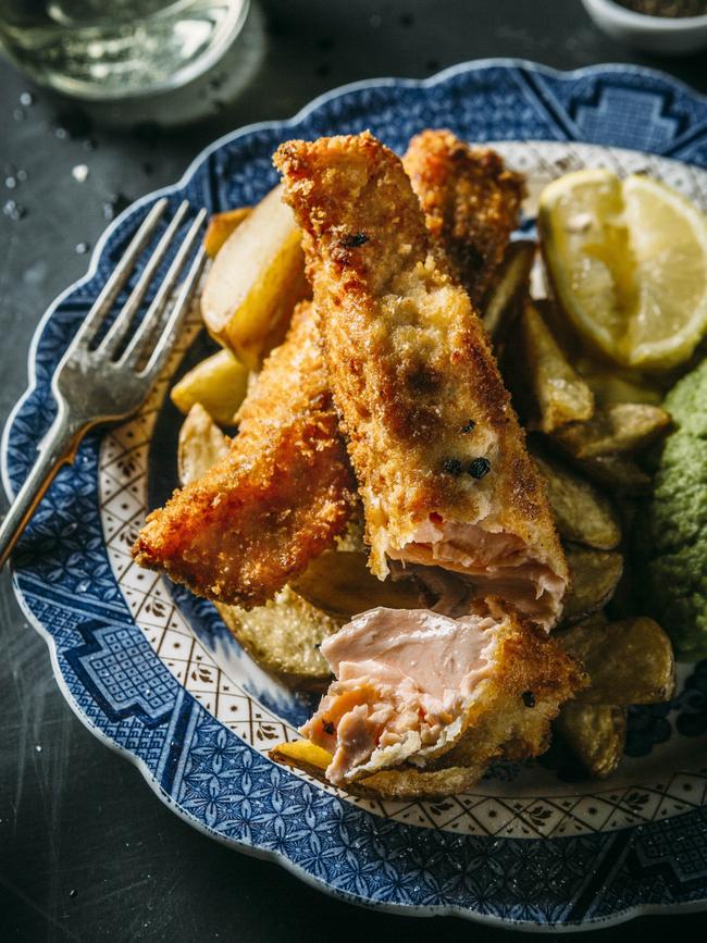 Salmon fish fingers, pea puree, chips and coddled egg sauce. Recipe by Steve Cumper in Elaine Reeve's book<i> A Table in the Valley</i>.