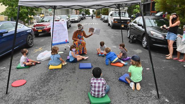 A mock outdoor lesson is held outside Patrick F. Daly public school in Brooklyn on behalf of New York City Schools. Picture: AFP