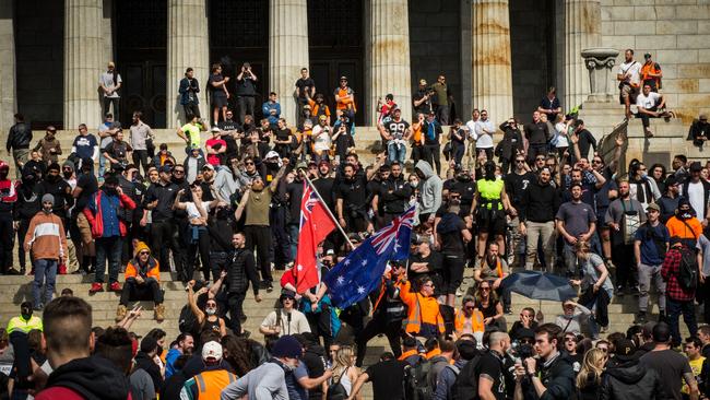 Protesters gather at the Shrine of Remembrance on Wednesday. Picture: Getty Images