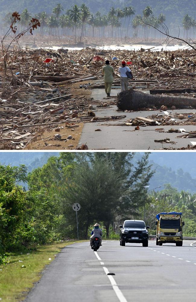 Images show survivors walking along a road strewn with debris in Aceh province after the tsunami and the same view today. Picture: AFP