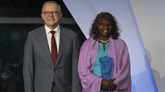 Prime Minister Anthony Albanese with 2024 Senior Australian of the Year, Yalmay Yunupingu, at the National Arboretum Canberra. Picture: NCA NewsWire/Martin Ollman