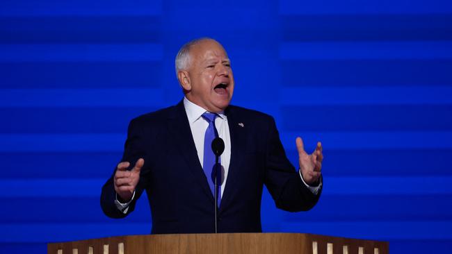 Democratic vice presidential candidate Minnesota Gov. Tim Walz speaks on stage during the third day of the Democratic National Convention. Picture: Getty