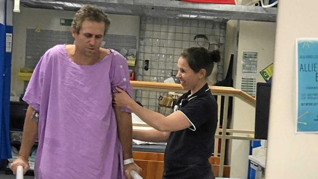 ROAD TO RECOVERY: Gatton father Gavin Boekel has begun physiotherapy after losing his left leg in a farming accident in May. . Picture: Contributed