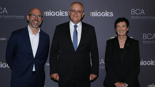 Business Council of Australia president Tim Reed, Prime Minister Scott Morrison and BCA chief executive Jennifer Westacott at The Biggies awards on Monday night. Picture: Jane Dempster