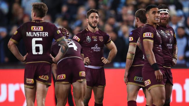 SYDNEY, AUSTRALIA — JUNE 24: Ben Hunt of the Maroons and teammates look dejected after a Blues try during game two of the State of Origin series between the New South Wales Blues and the Queensland Maroons at ANZ Stadium on June 24, 2018 in Sydney, Australia. (Photo by Matt King/Getty Images)