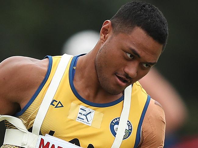 Stefano Utoikamanu during Parramatta Eels NRL training at Old Saleyards Reserve, Parramatta. Picture: Brett Costello