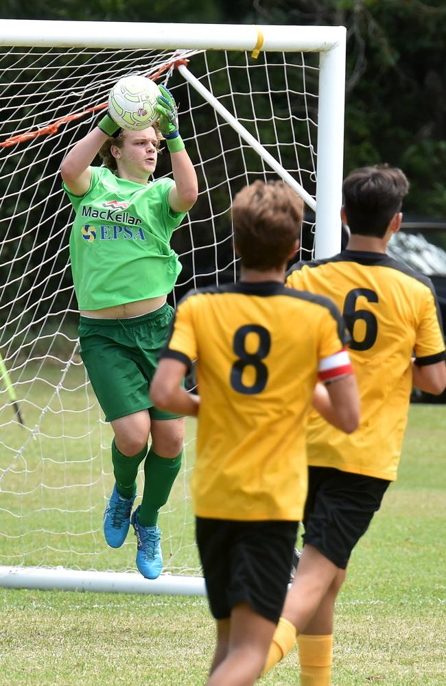 Sunshine Coast Wanderers against Wolves FC U18 soccer match. Wanderers goal keeper Ethan Reed takes a high ball.