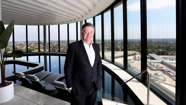 Vicinity CEO Grant Kelley at the pool deck of the new Hotel Chadstone. Picture: David Geraghty