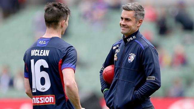 Toby McLean and Daniel Giansiracusa chat before the 2016 AFL Grand Final. Picture: Mark Stewart