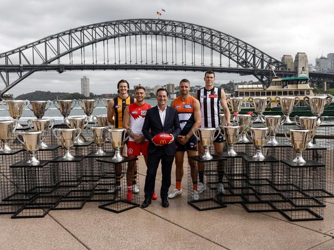 Andrew Dillon in Sydney with Mitch Lewis, Will Hayward, Jesse Hogan, and Mason Cox ahead of Opening Round. Picture: Darrian Traynor/AFL Photos/via Getty Images.