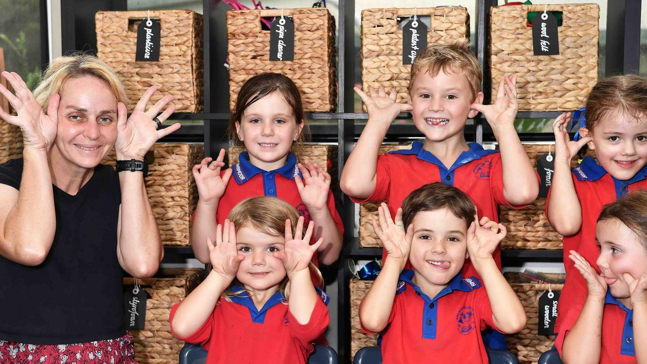 My First Year: Amamoor State School Preps. (back) Madelyn, Kai, Aryelle. (front) Miss Broome, Natalie, Hugh, Storm, Mrs Story. Picture: Patrick Woods.