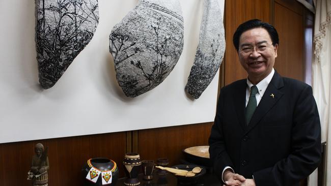 Taiwan’s Foreign Minister Joseph Wu, wearing a kangaroo lapel pin, in the Ministry of Foreign Affairs in Taipei. Picture: Chi Hui Lin