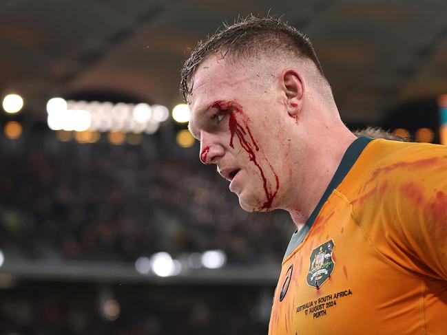 PERTH, AUSTRALIA - AUGUST 17: Angus Bell of the Wallabies heads to the locker room at the half time break during The Rugby Championship match between Australia Wallabies and South Africa Springboks at Optus Stadium on August 17, 2024 in Perth, Australia. (Photo by Paul Kane/Getty Images)