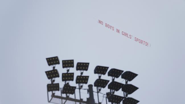 The banner flew over the event. Photo: AP Photo/Jae C. Hong