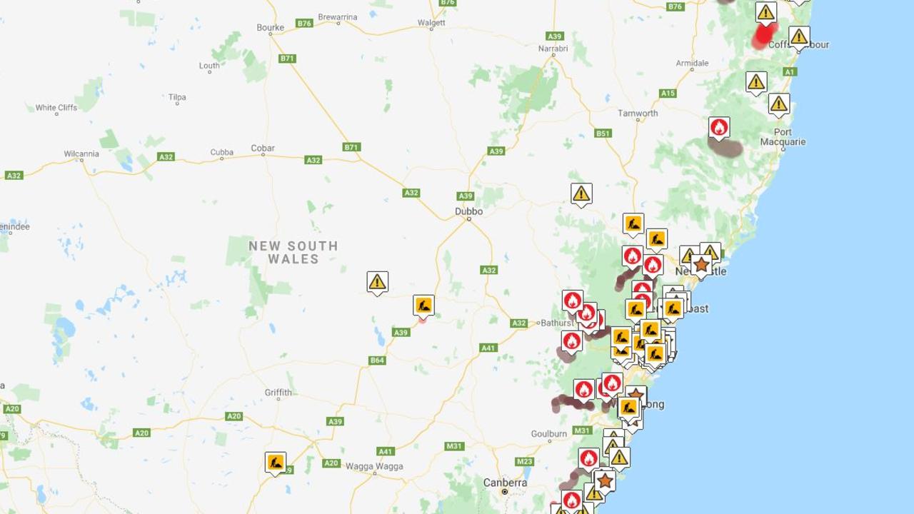 Numerous roads are closed around NSW due to bushfire activity. Picture: Live Traffic NSW