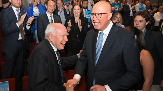 John Howard and Peter Dutton after the Liberal Party Campaign Launch at the Liverpool Catholic Club. Picture: AAP