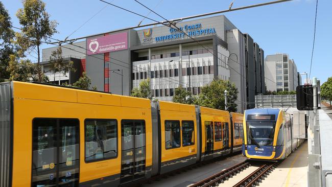 Light rail outside Gold Coast University Hospital — the link from Southport to Helensvale will become much busier. Picture: Glenn Hampson.