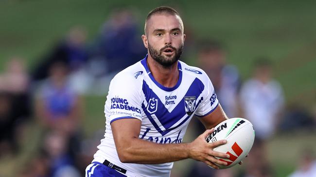 SYDNEY, AUSTRALIA - FEBRUARY 15: Jaeman Salmon of the Bulldogs runs the ball during the NRL Pre-season challenge match between Canterbury Bulldogs and Melbourne Storm at Belmore Sports Ground on February 15, 2024 in Sydney, Australia. (Photo by Brendon Thorne/Getty Images)