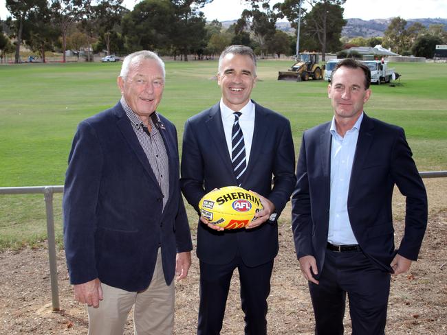 Barossa Mayor Bim Lange, Premier Peter Malinauskas, and AFL CEO Andrew Dillon have announced Gather Round will make its way to the Barossa Valley in 2025. Picture Dean Martin