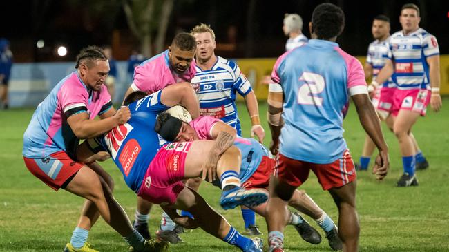 The Swifts defence crunch a Brothers player during the recent Rugby League Ipswich A-Grade match. Picture: Bruce Clayton