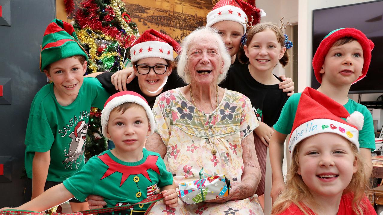 Sylvia Livsey will celebrate her 100th Christmas on Friday, surrounded by great grand kids including Nash, 10, Albert, 2, Emma, 11, Sam 12, Lily, 9, Isabella, 6, and Quinn, 4, Brighton. Picture: Liam Kidston