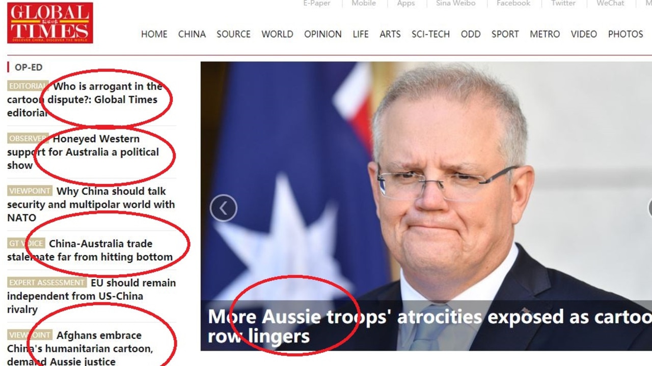 Seven of the five main stories on China tabloid Global Times' front page on Thursday were about Australia.