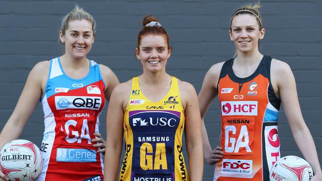 Sophie Garbin (Swifts), Steph Wood (Lightning) and Jo Harten (Giants) will be key players in Saturday’s big double-header in Sydney. Picture: Brett Costello