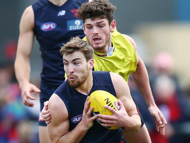 Viney tries to evade teammate Angus Brayshaw. Pic: Getty Images