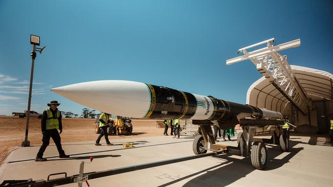 The Hylmpulse SR75 rocket at the Koonibba launch site. Picture: Supplied