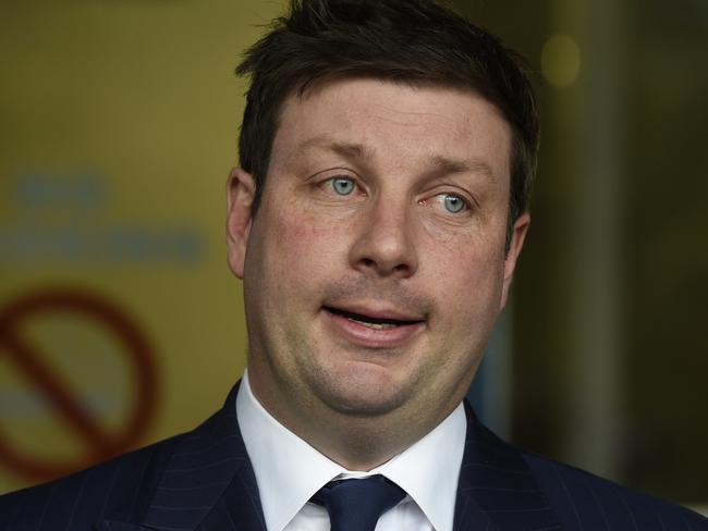 Tim Smith speaks to the media at Parliament House in Melbourne after his crash. Picture: Andrew Henshaw