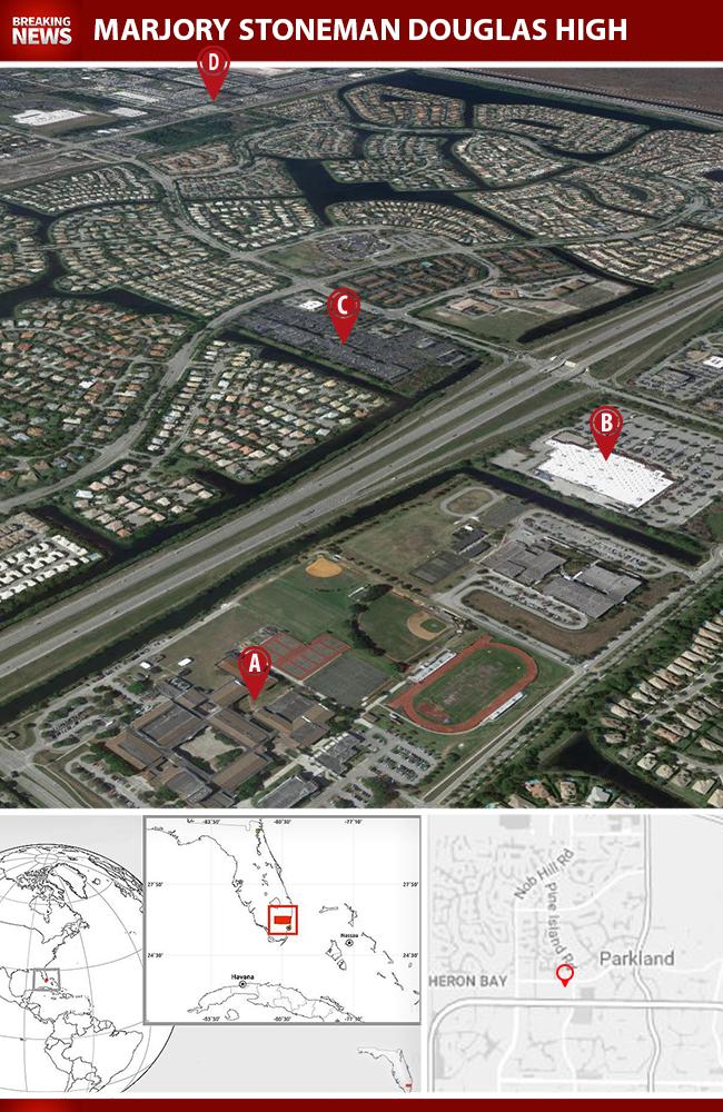 The Parkland, Florida, school complex where the mass shooting has taken place. It is situated in the heart of a wealthy waterway residential district. A) Marjory Stoneman Douglas High School. B) Walmart C) The Shoppes D) Suspect arrested