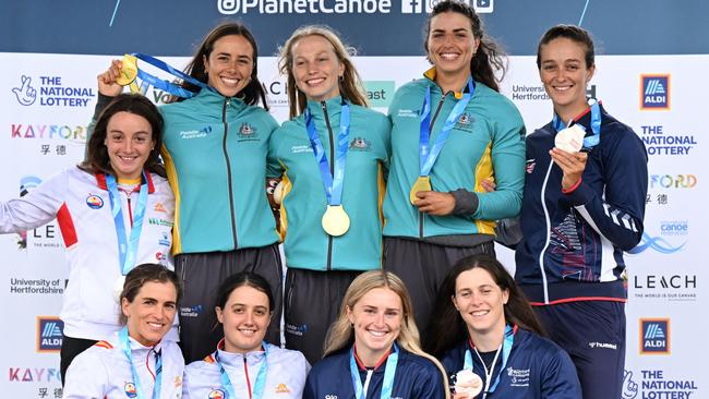 Gold Medallists, Jessica Fox, Noemie Fox and Kate Eckhardt of Australia, Silver Medallists, Maialen Chourraut, Laia Sorribes and Oloatz Arregue of Spain and Bronze Medallists, Mallory Franklin, Kimberley Woods and Phoebe Spicer of Great Britain pose after the Women's Kayak Teams Final . Picture: Justin Setterfield/Getty Images)