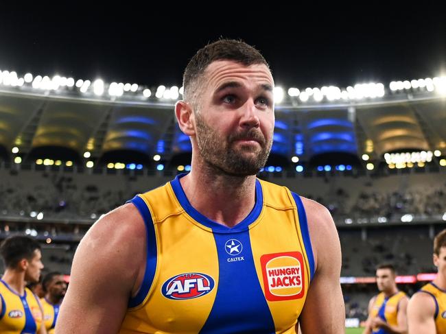 PERTH, AUSTRALIA - MAY 04: Jack Darling of the Eagles leads the team off the field during the 2024 AFL Round 08 match between the West Coast Eagles and the Essendon Bombers at Optus Stadium on May 04, 2024 in Perth, Australia. (Photo by Daniel Carson/AFL Photos via Getty Images)