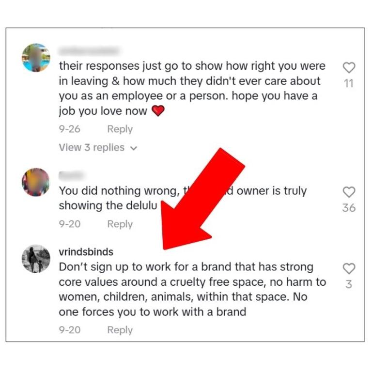 Co-founder Vrindy Benson commented on the video telling Ms Westerveld she shouldn’t sign up to work for a brand with strong core values. Picture: TikTok