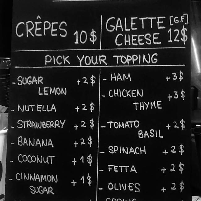 A menu board from the Crepes Aubras outlet at Bondi Beach. Picture: Crepes Aubras