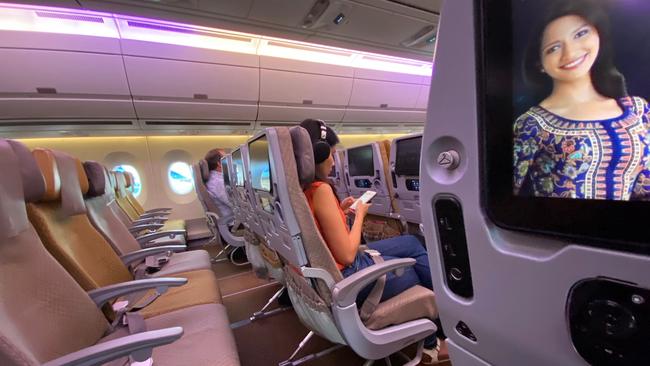 A row of empty seats on a Singapore Airlines flight to Singapore from Jakarta International Airport on February 18.