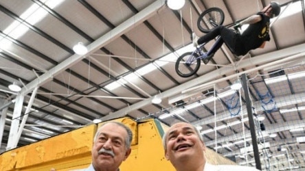 Gold Coast Mayor Tom Tate (pictured right) with Brisbane Organising Committee for the 2032 Olympic Games chief Andrew Liveris at the Carrara Indoor Sports Centre.