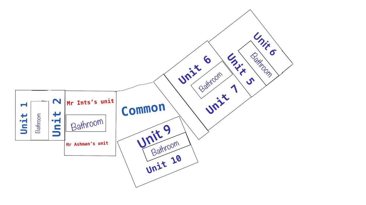 This diagram shows the lay out of the block of units where accused murderer Jake Scott Ashman and murder victim Darren Ints lived.