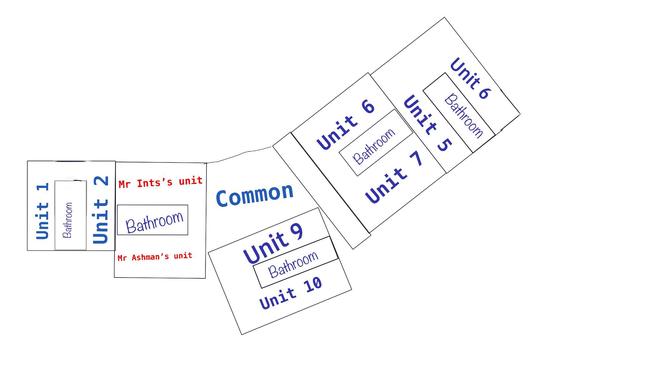 This diagram shows the lay out of the block of units where accused murderer Jake Scott Ashman and murder victim Darren Ints lived.