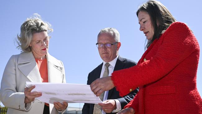 Housing Minister Clare O'Neil (left) visits a Greenfield site for 17 new commonwealth funded social homes in Canberra. Picture: Martin Ollman