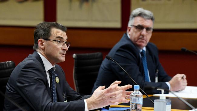 General Secretary of NSW Nurses and Midwives Association, Mr Brett Holmes (left) and Secretary of Health Services Union NSW, ACT &amp; QLD, Mr Gerard Hayes (right) are seen during a hearing into South West Sydney Hospitals at NSW Parliament House in Sydney. Picture: NCA NewsWire / Bianca De Marchi