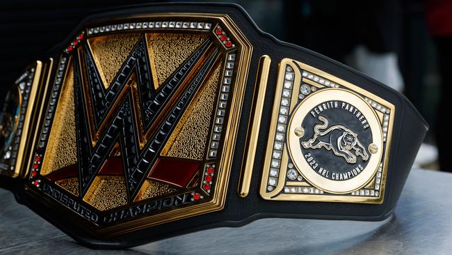 WWE wrestling stars Grayson Waller & LA Knight met Penrith Panthers players and traded them a custom Panthers championship belt. Picture: Max Mason-Hubers