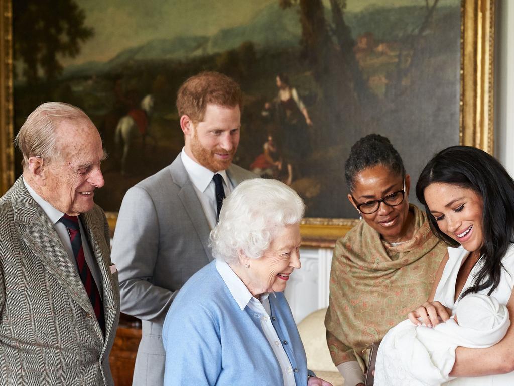 Prince Philip with the Queen, Prince Harry, Meghan Markle and Doria Ragland soon after Archie’s birth. Picture: Getty Images