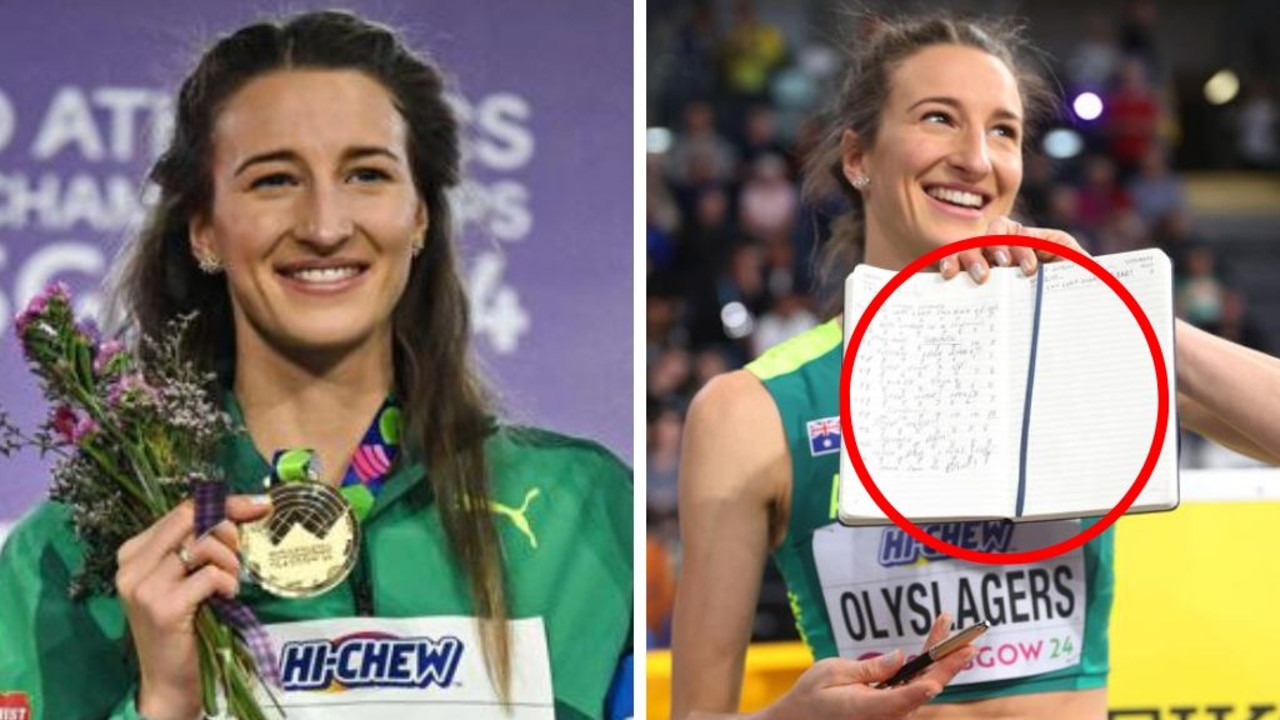 Aussie high jumper Nicola Olyslager and her famous journal. Photos: AFP/Getty Images