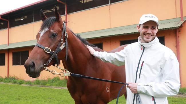 Jacquinot with travelling foreman Tim Sutty at Rosehill this week. Picture: John Feder/The Australian