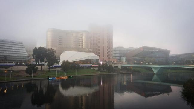 Fog visible across the River Torrens near the Festival Centre, casino and Convention Centre. Photo: Katherine Clarke.