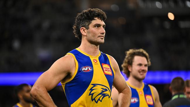 PERTH, AUSTRALIA - JULY 27: Tom Barrass of the Eagles looks on after the loss during the 2024 AFL Round 20 match between the Fremantle Dockers and the West Coast Eagles at Optus Stadium on July 27, 2024 in Perth, Australia. (Photo by Daniel Carson/AFL Photos via Getty Images)